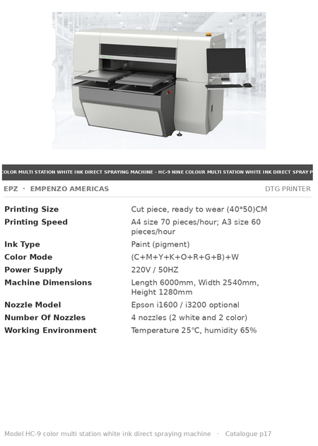 EPZ HC-9 Nine Colour Multi Station White Ink Direct Spray Printer