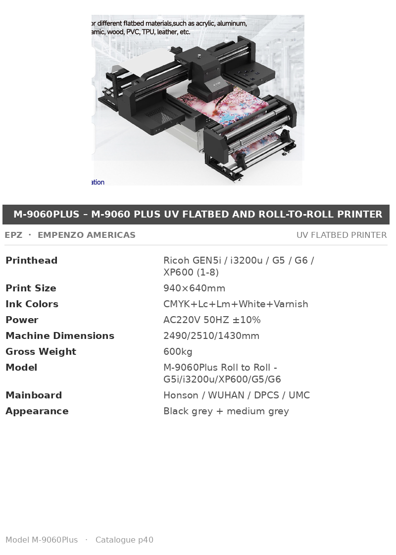EPZ M-9060Plus – M-9060 Plus UV Flatbed And Roll-To-Roll Printer