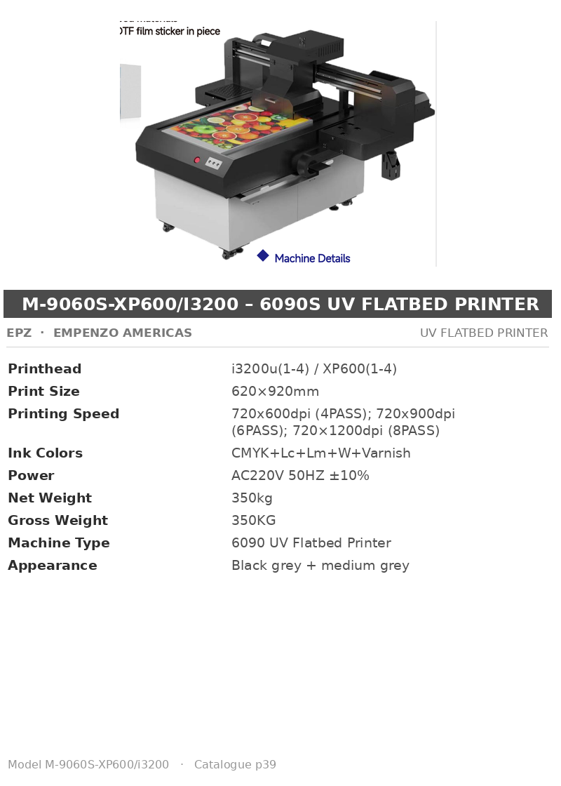 EPZ M-9060S-XP600/i3200 – 6090S UV Flatbed Printer