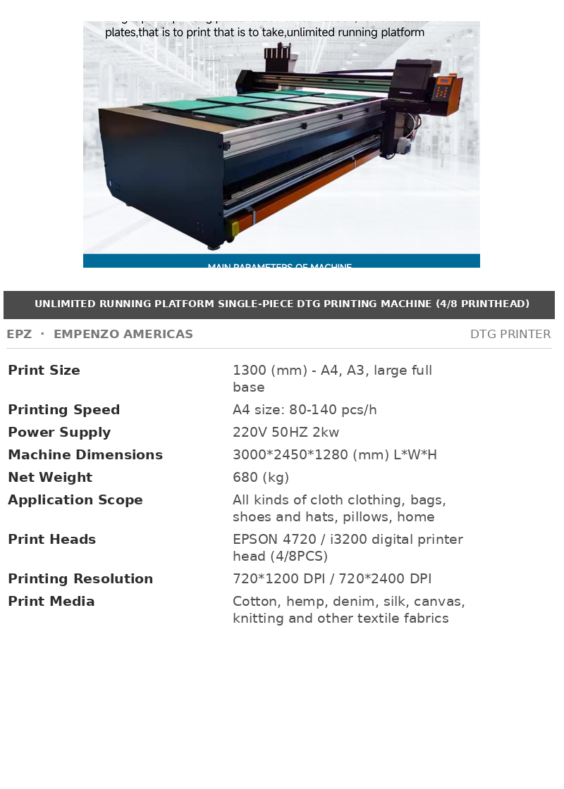 EPZ Unlimited Running Platform Single-Piece DTG Printing Machine (4/8 Printhead)