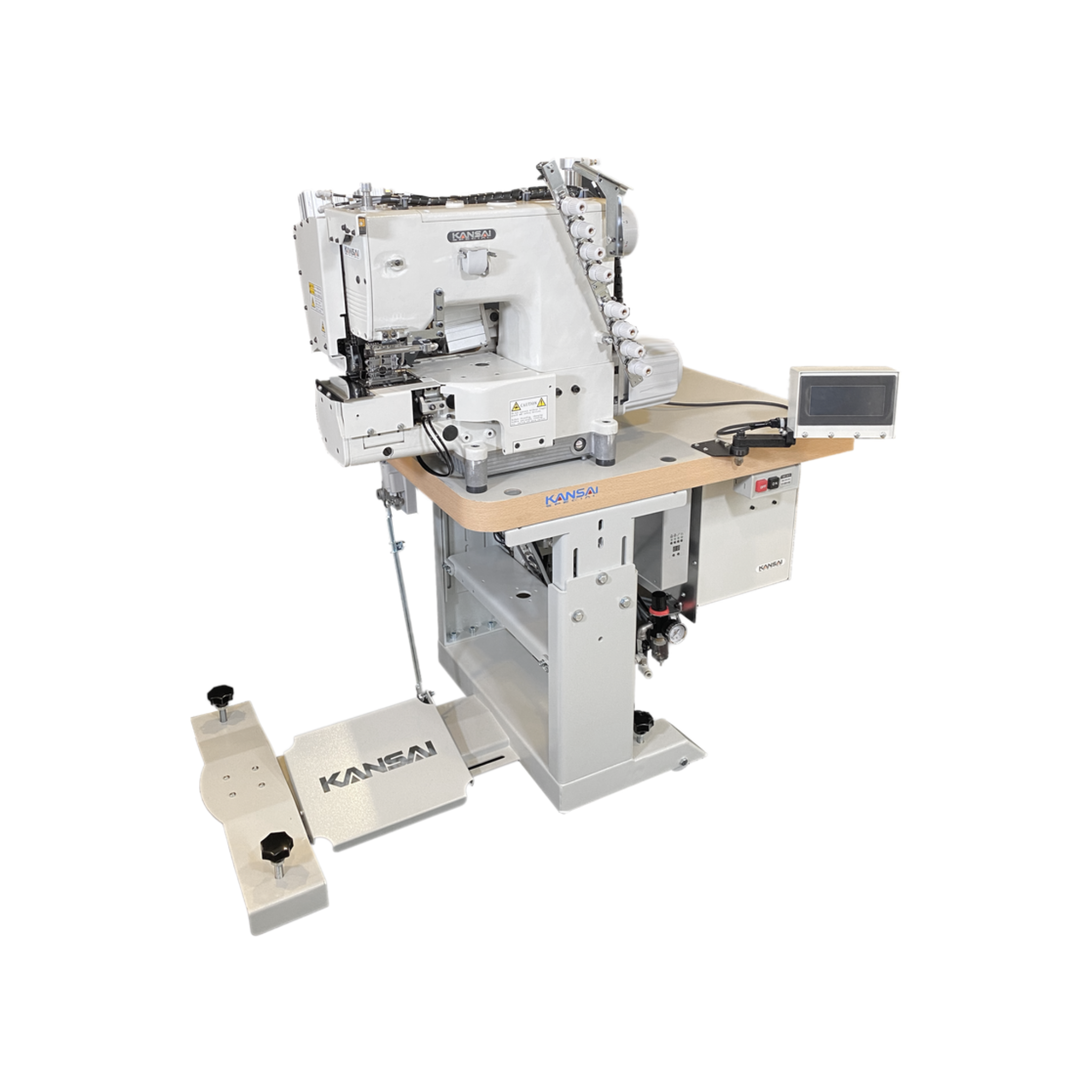 Kansai Special FBX SERIES - 4 Needles, Cylinder Bed, With Needle Feed Mechanism for Attaching Waistbands. Double Puller, Both Side Skip Stitch Device and Automatic Fabric Cutting Device with Touch Panel