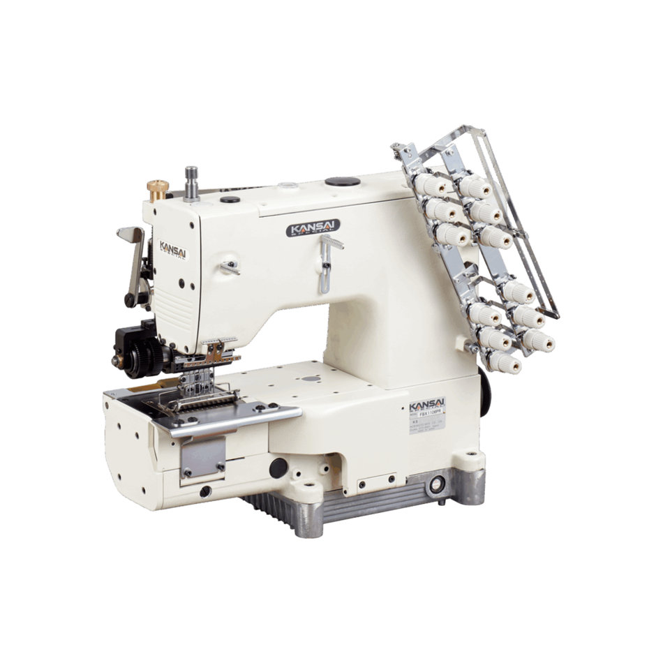 Kansai Special FBX SERIES - 6 Needle, Cylinder Bed, Double Chain Stitch, Needle Feed Machine for Waistbands with Rear Puller. (PR is Split Puller for The Light Curving Waistband)