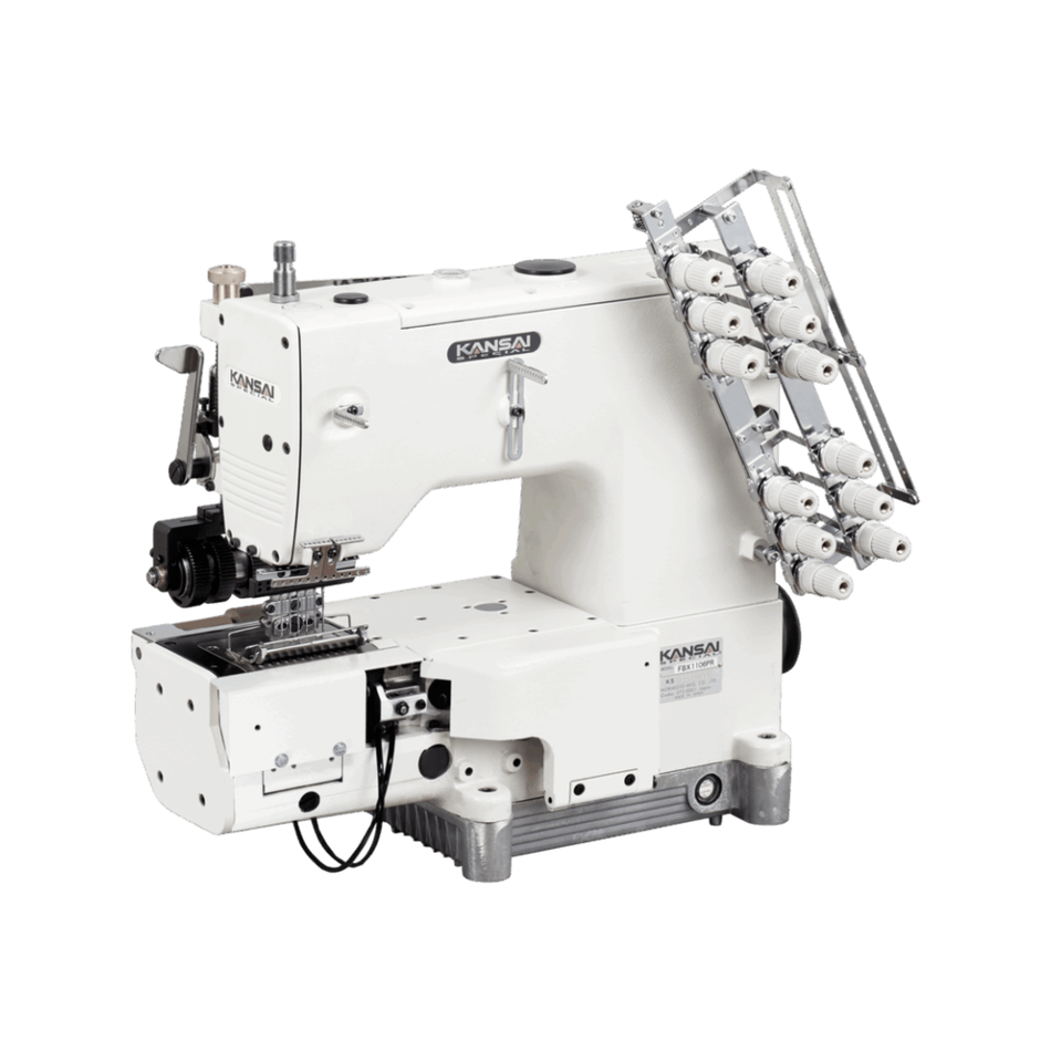 Kansai Special FBX SERIES - 6 Needle, Cylinder Bed, Double Chain Stitch, Needle Feed Machine for Waistbands with Rear Puller and Skip Stitch Device.(PRA-1 is Split Puller)