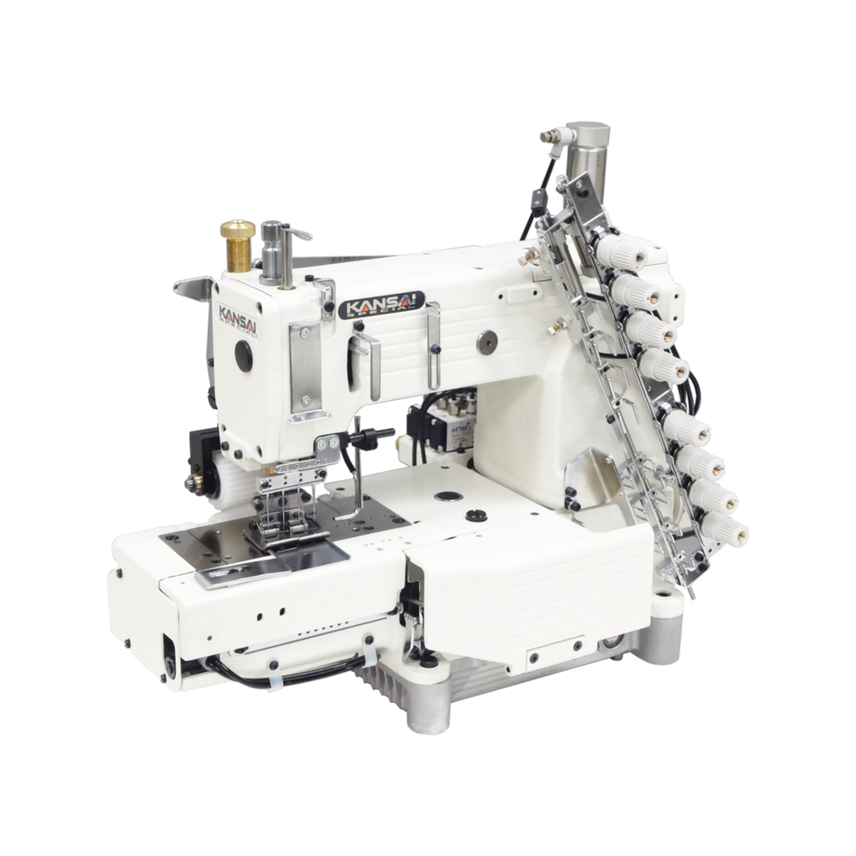 Kansai Special FX SERIES - 4~12 Needle, Cylinder Bed, Double Chain Stitch Sewing Machine for Plain Seaming with Gear Puller an Thread Cutter