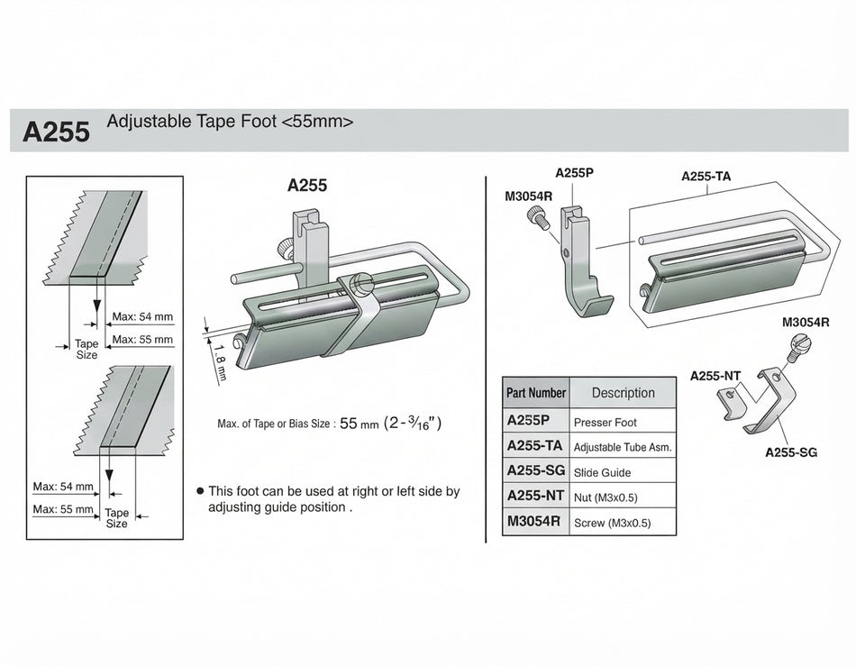 Adjustable Tape Foot up to 55mm - Suisei A255