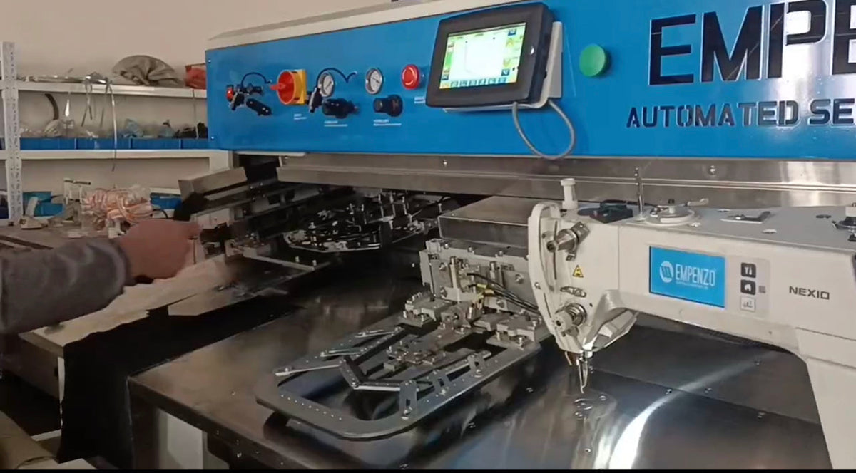 EPZ-6000 automatic pocket setter sewing a denim back pocket