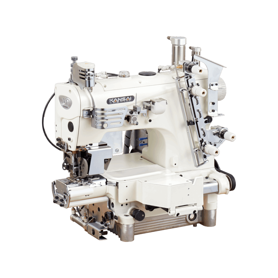Kansai Special NC SERIES - 1 Needle, Small Cylinder Bed, Double Chain Stitch Sewing Machine with Three Plies Hemming Folder, with Front and Back Plies Differential Feed Dogs
