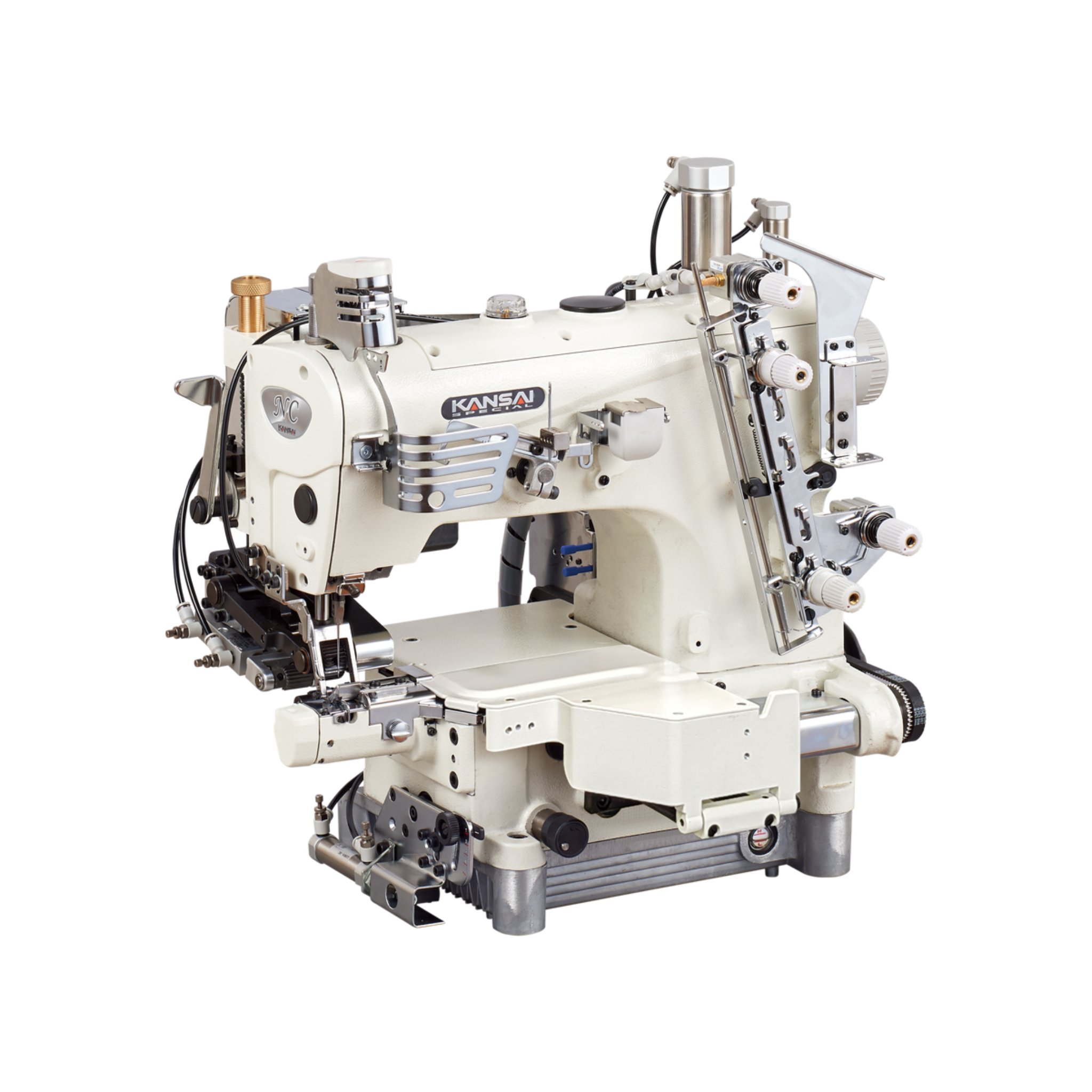 Kansai Special NC SERIES - 1 Needle, Small Cylinder Bed, Double Chain Stitch Sewing Machine with Three Plies Hemming Folder, with Front and Back Plies Differential Feed Dogs