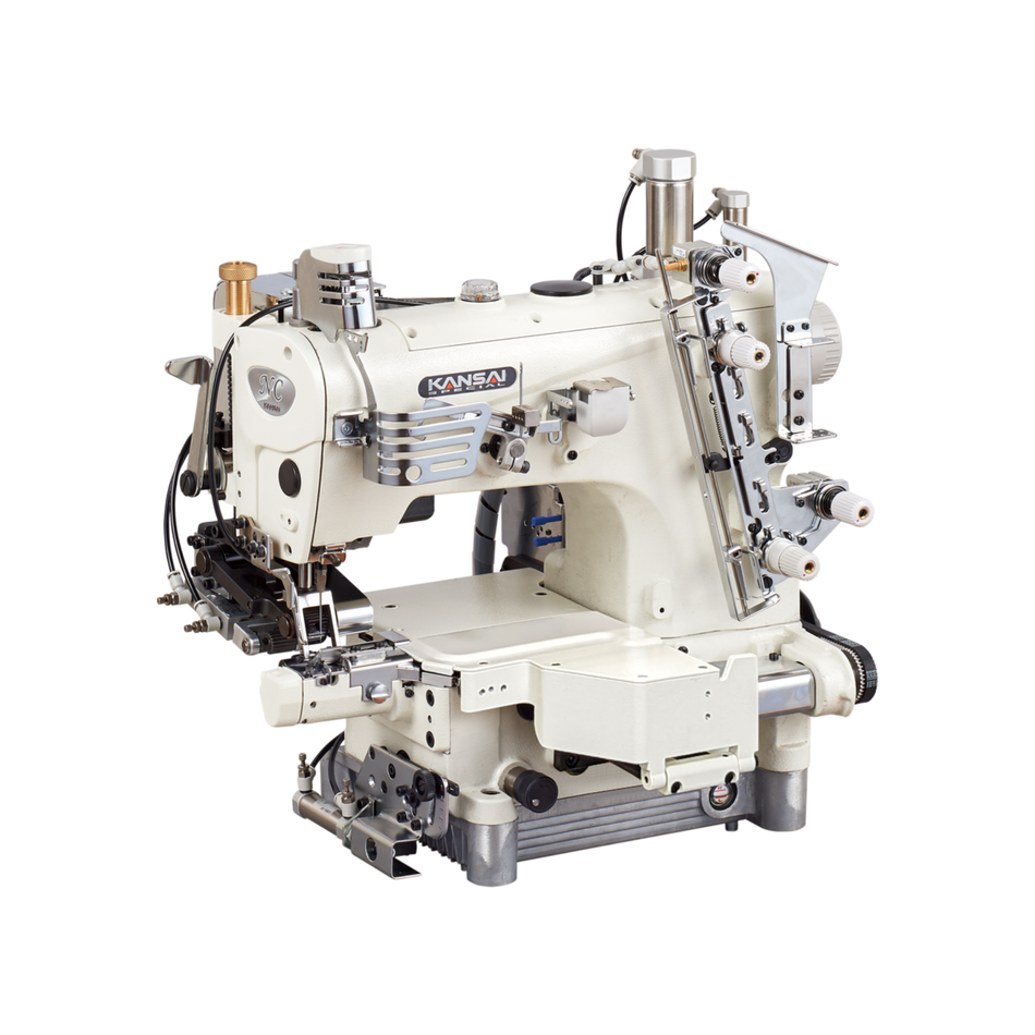Kansai Special NC SERIES - 1 Needle, Small Cylinder Bed, Double Chain Stitch Sewing Machine with Three Plies Hemming Folder, with Front and Back Plies Differential Feed Dogs
