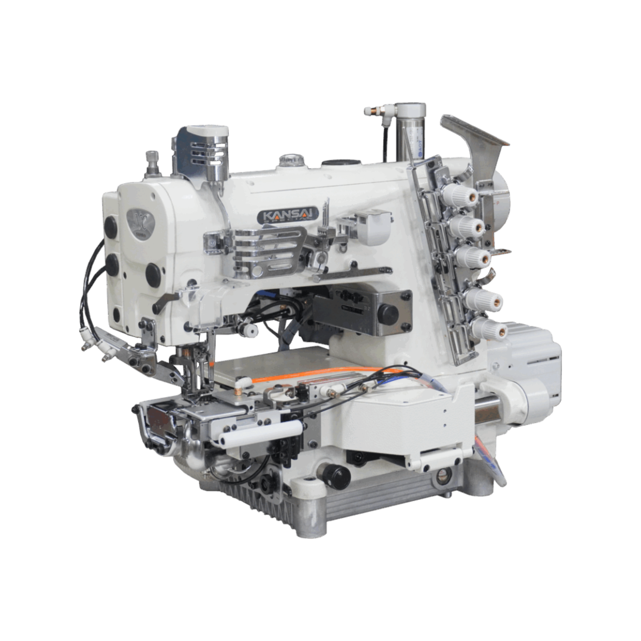 Kansai Special NC SERIES - 3 Needle, High Performance, Small Cylinder Bed, Top and Bottom Cover Stitch Sewing Machine with Fabric Trimmer and Hemming Guide.