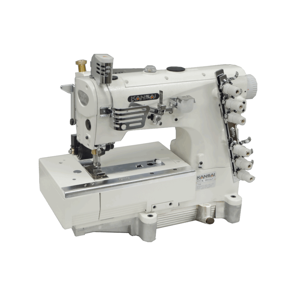 Kansai Special NL SERIES - 3 Needle, Flat Bed, Double Chain Stitch Sewing Machine for Lap Seaming, Heavy Material with Rear Puller.