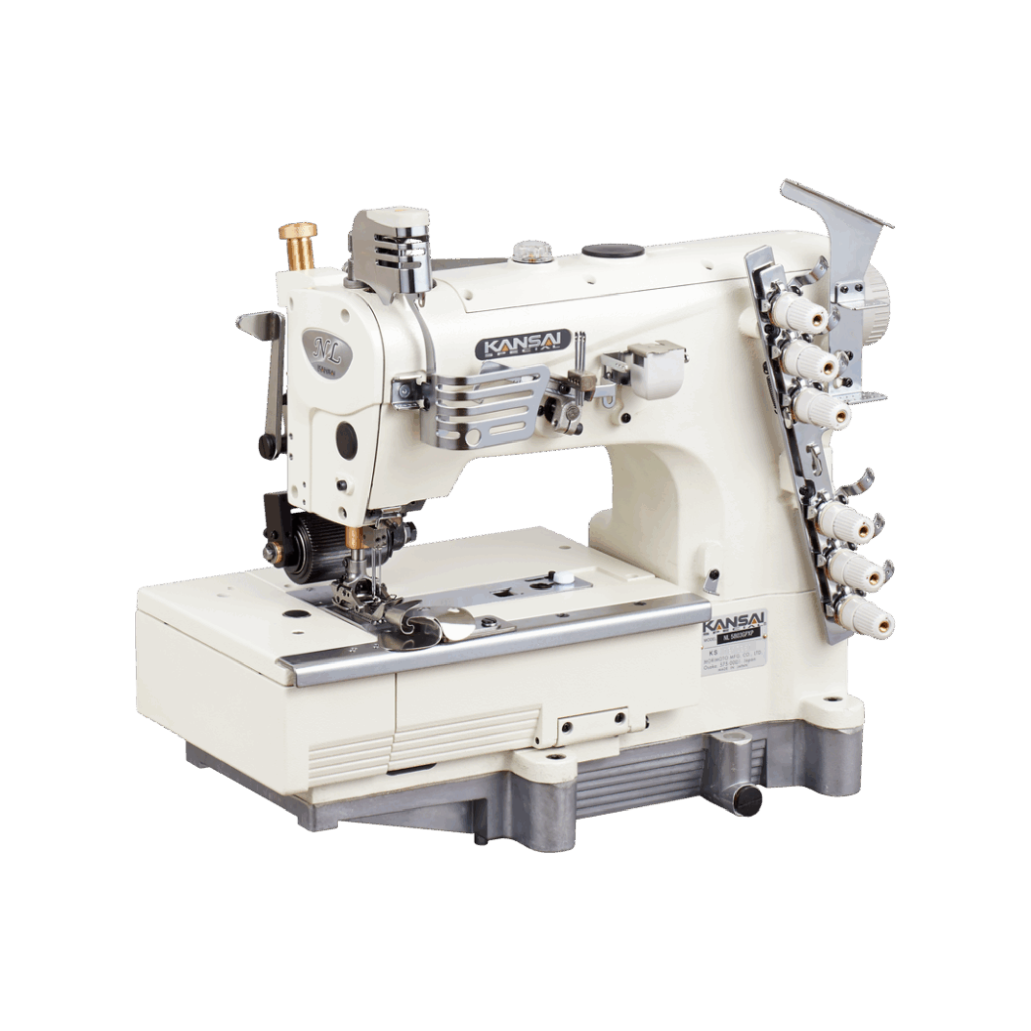 Kansai Special NL SERIES - 3 Needle, Flat Bed, Double Chain Sewing Machine for Lap Seaming with Rear Puller and Tractor Foot