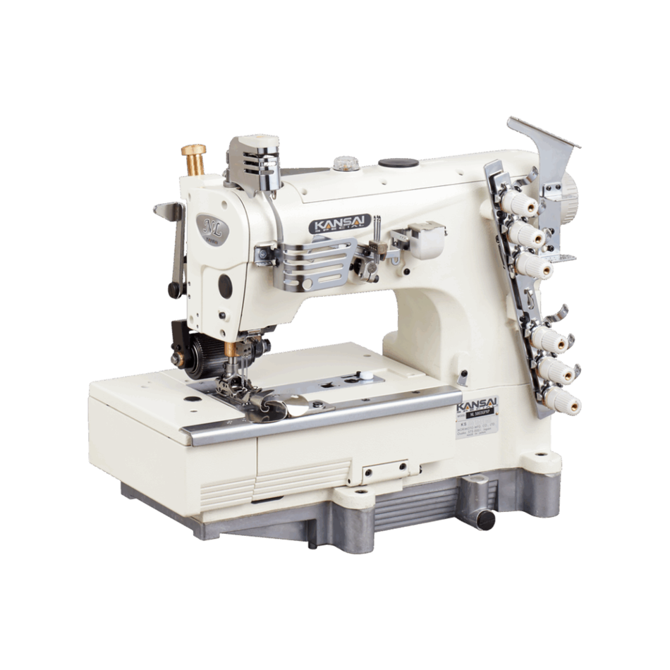 Kansai Special NL SERIES - 3 Needle, Flat Bed, Double Chain Sewing Machine for Lap Seaming with Rear Puller and Tractor Foot