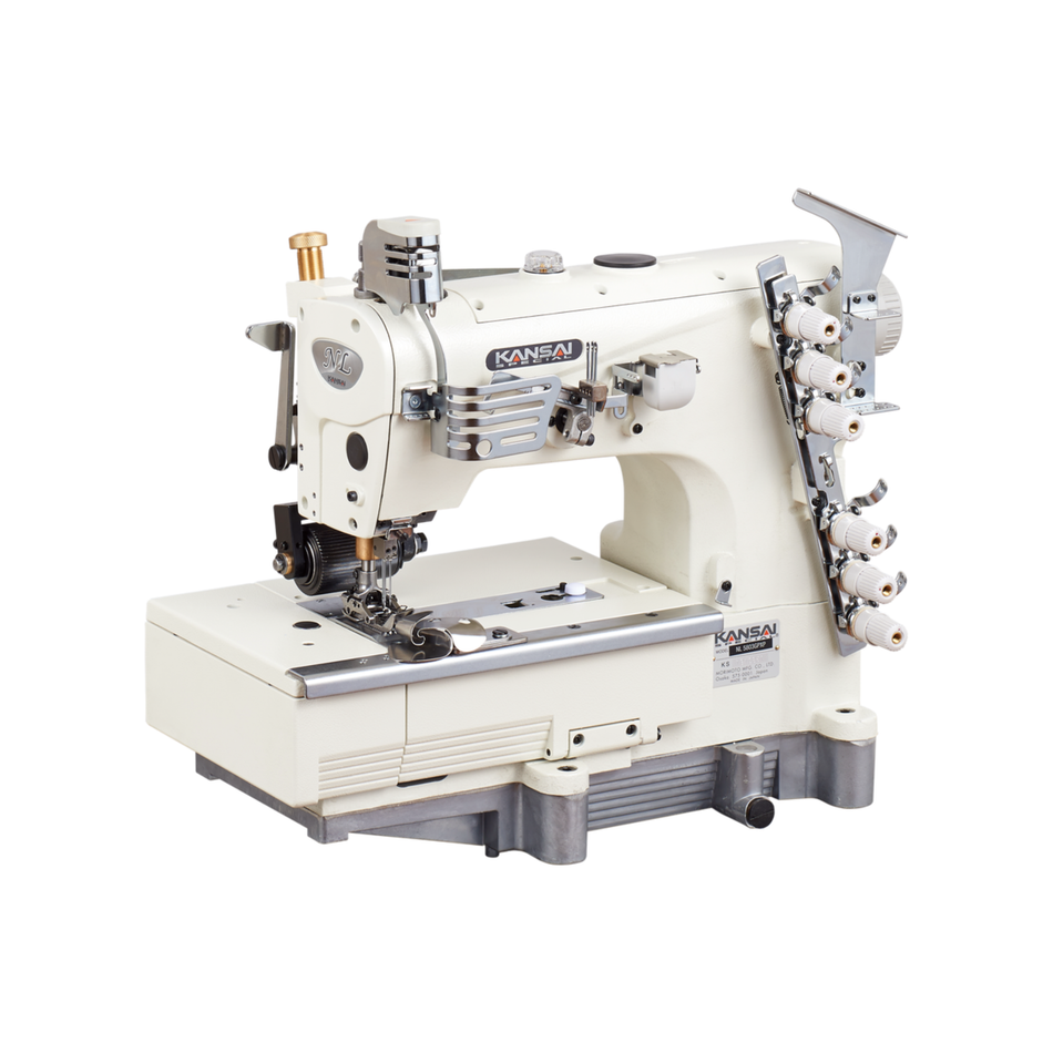 Kansai Special NL SERIES - 3 Needle, Flat Bed, Double Chain Stitch Sewing Machine for Lap Seaming with Rear Puller, Tractor Foot, Plain Foot and Edge Seam Foot