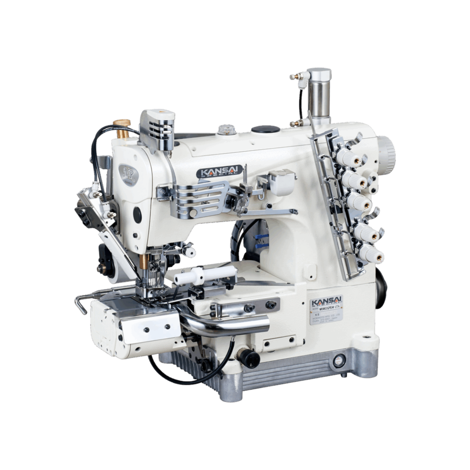 Kansai Special NR・NRE  SERIES - 3 Needle, Cylinder Bed, Top and Bottom Cover Stitch Sewing Machine with Fabric Trimmer and Smooth Puller for Attaching Right Hand Elastic Band for Men’S Underwears