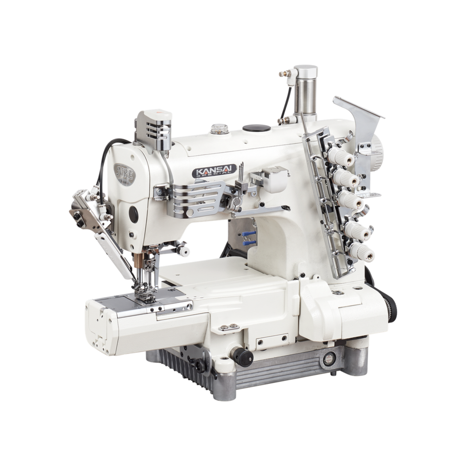 Kansai Special NR・NRE  SERIES - 3 Needle, Cylinder Bed, Top and Bottom Cover Stitch Sewing Machine with Exterior Looper Thread Take Up Cam and Pneumatic Thread Trimmer.