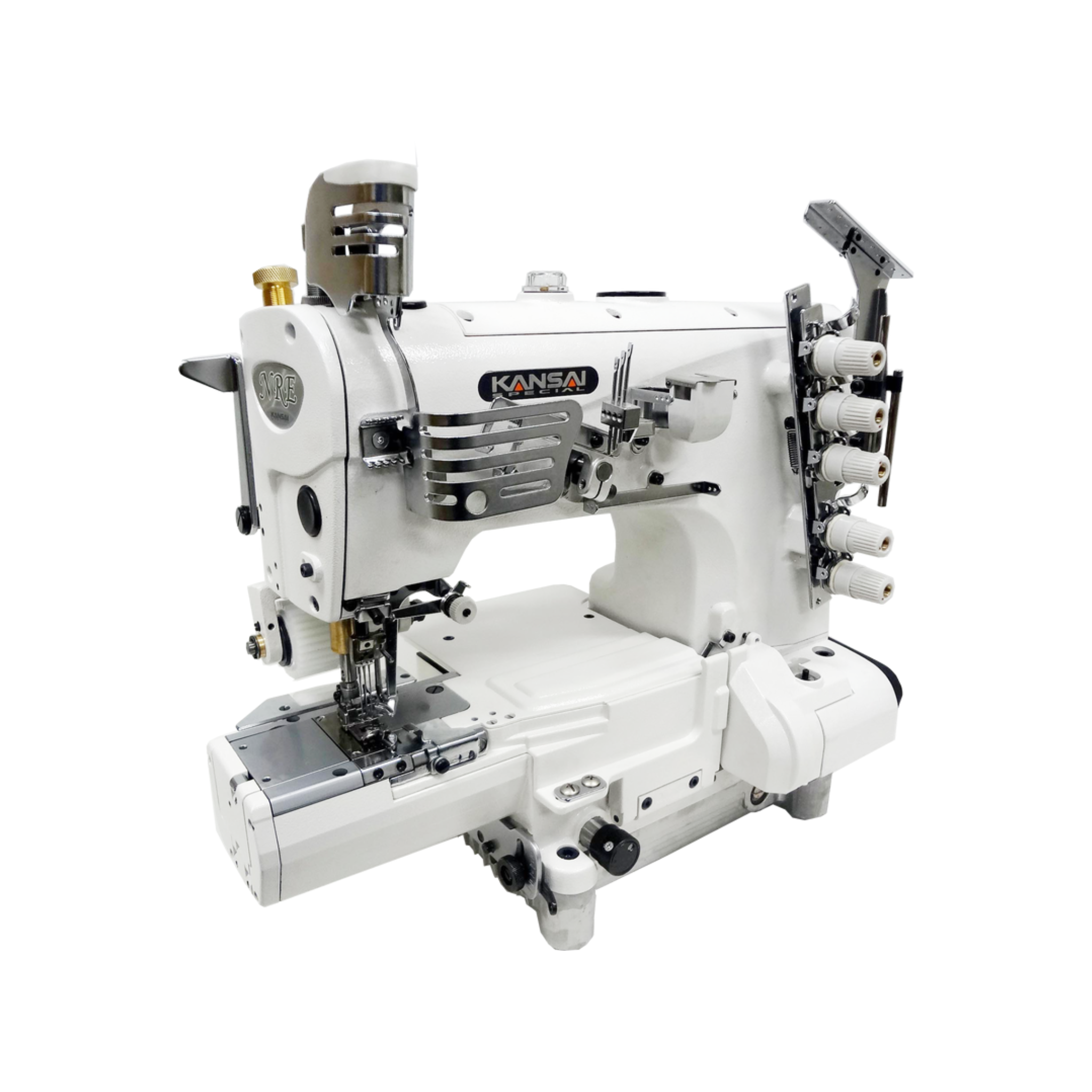 Kansai Special NR・NRE  SERIES - 3 Needle, Cylinder Bed, Top and Bottom Cover Stitch Sewing Machine with Exterior Looper Thread Cam and Rear Puller for Pre-Closed Elastic Band Attaching.
