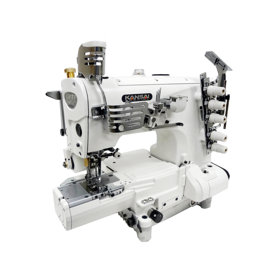 Kansai Special NR・NRE  SERIES - 3 Needle, Cylinder Bed, Top and Bottom Cover Stitch Sewing Machine with Exterior Looper Thread Cam and Rear Puller for Pre-Closed Elastic Band Attaching.