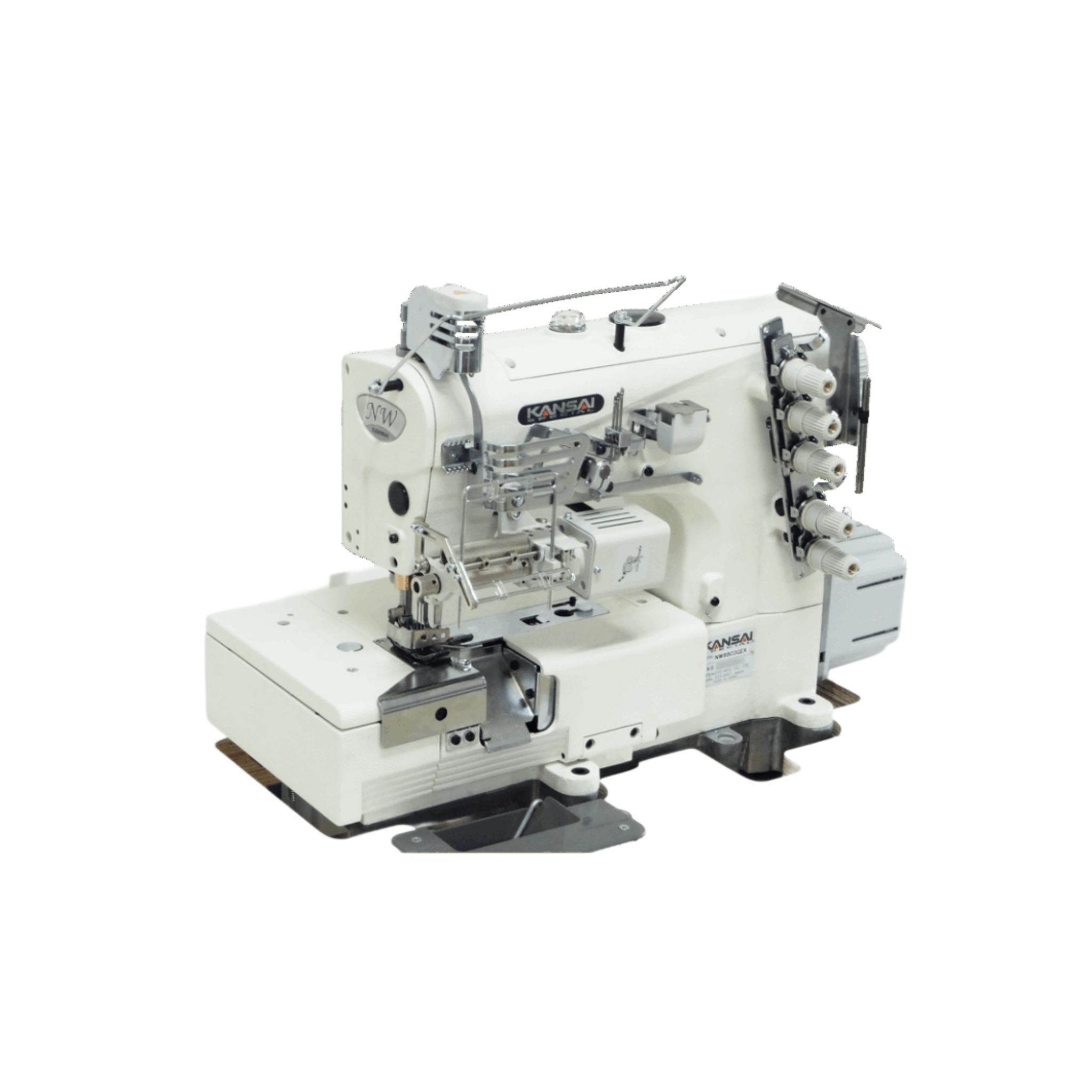 Kansai Special NW SERIES - 3 Needle, Flat Bed, Top and Bottom Cover Stitch Sewing Machine with a Fabric Trimmer Mechanism and Electric Metering Device for Attaching Elastic Lace