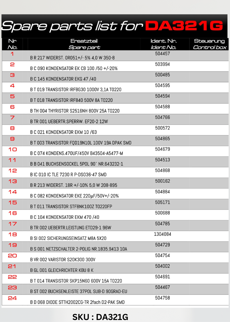 Efka DA321G spare parts list for part 1304084