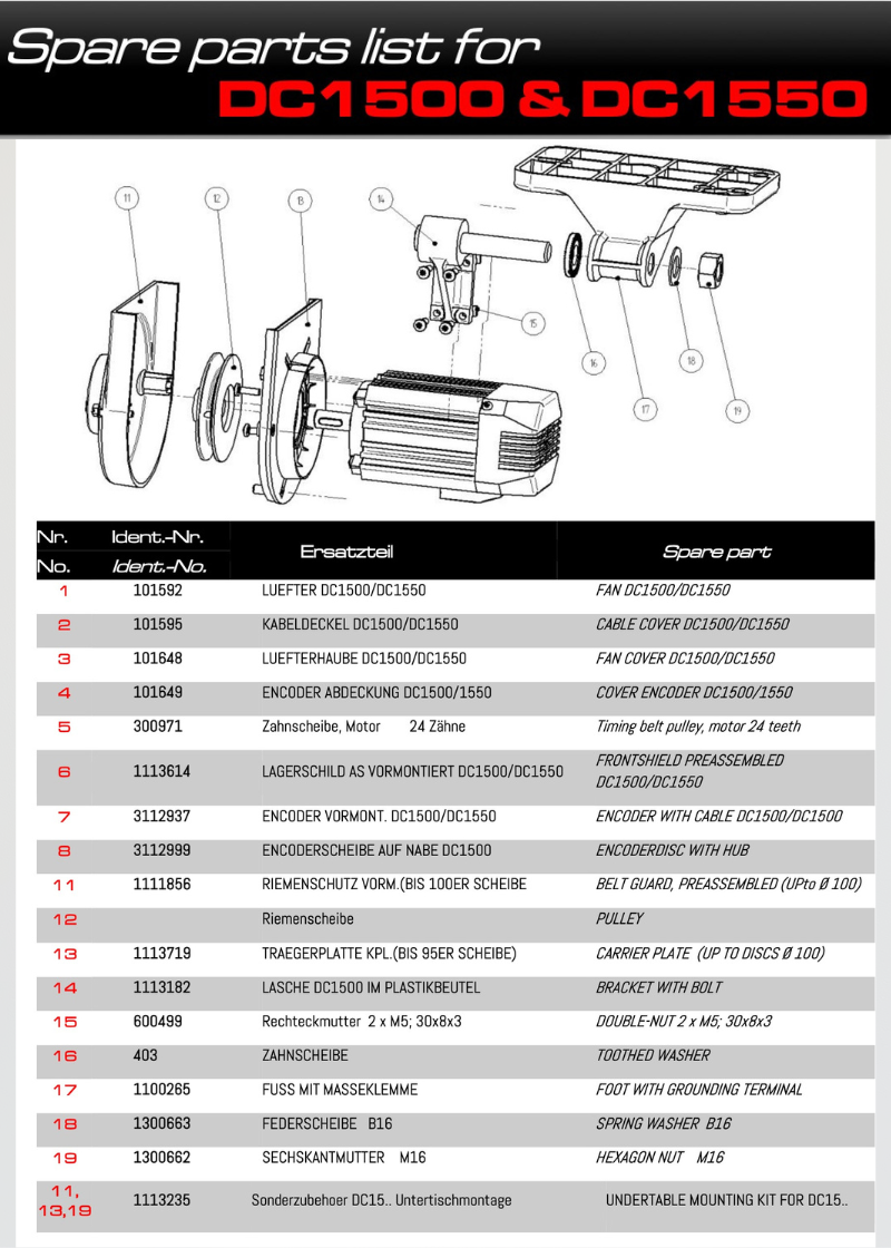 Efka DC1500 and DC1550 spare parts list for part 1111856