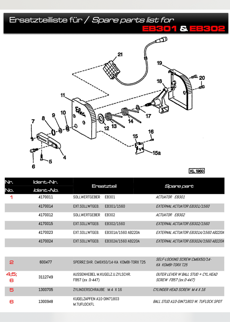 M4x10 Self-Locking Kombi-Torx Screw 600016 for Efka Motor Systems - Efka EB301 and EB302 parts diagram