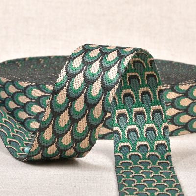 Products from Abroad Peacock Pattern Webbing 1.5 in x 15.95yd, Grn/Beig