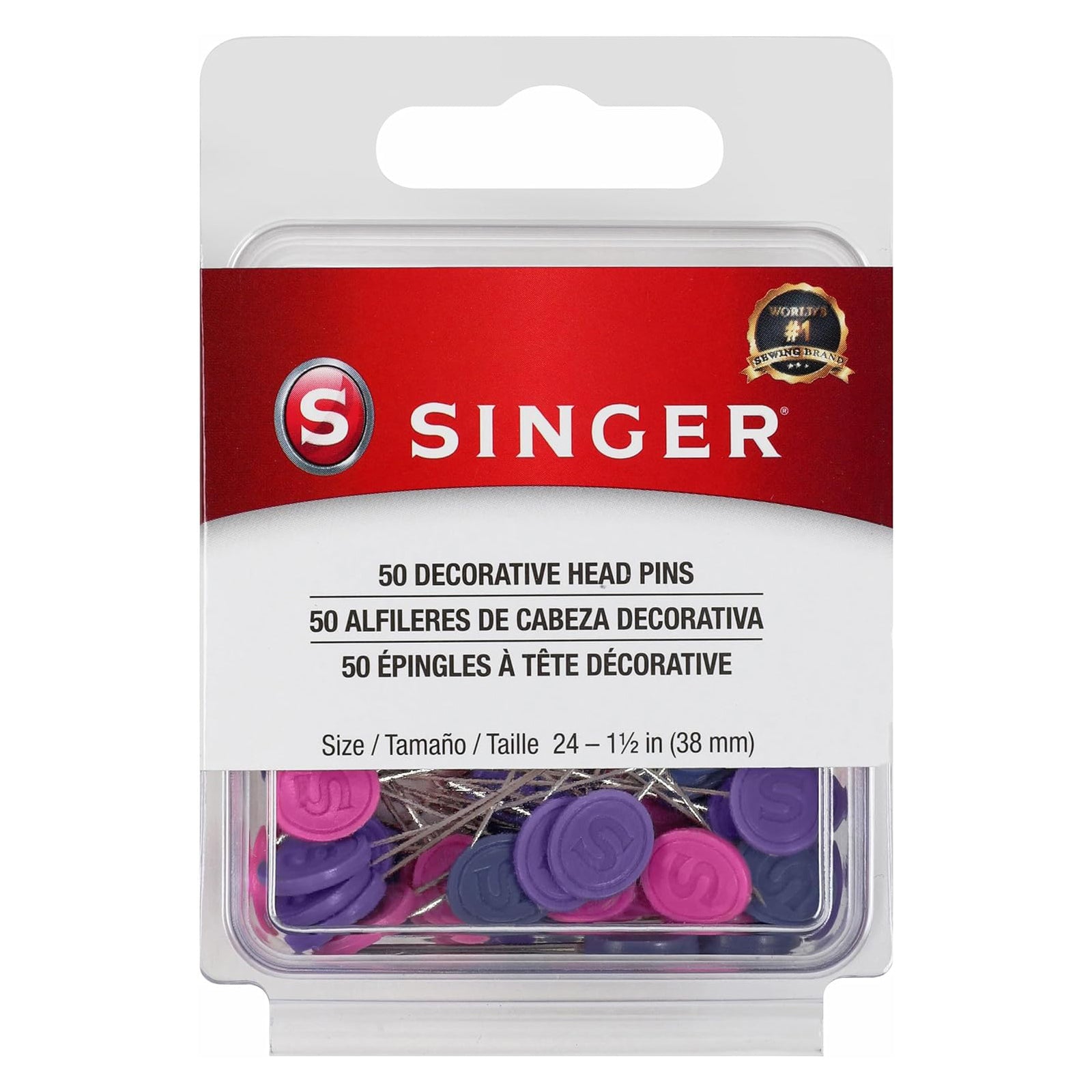 Singer, Decorative Flat Head Pins Size 24 - 1-1/2" 50pk