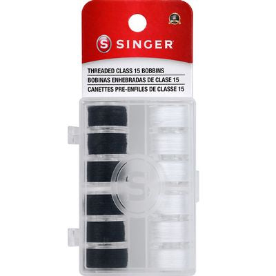 Bobbins Class 15 Threaded 50yd 6 Black and 6 White – S42145