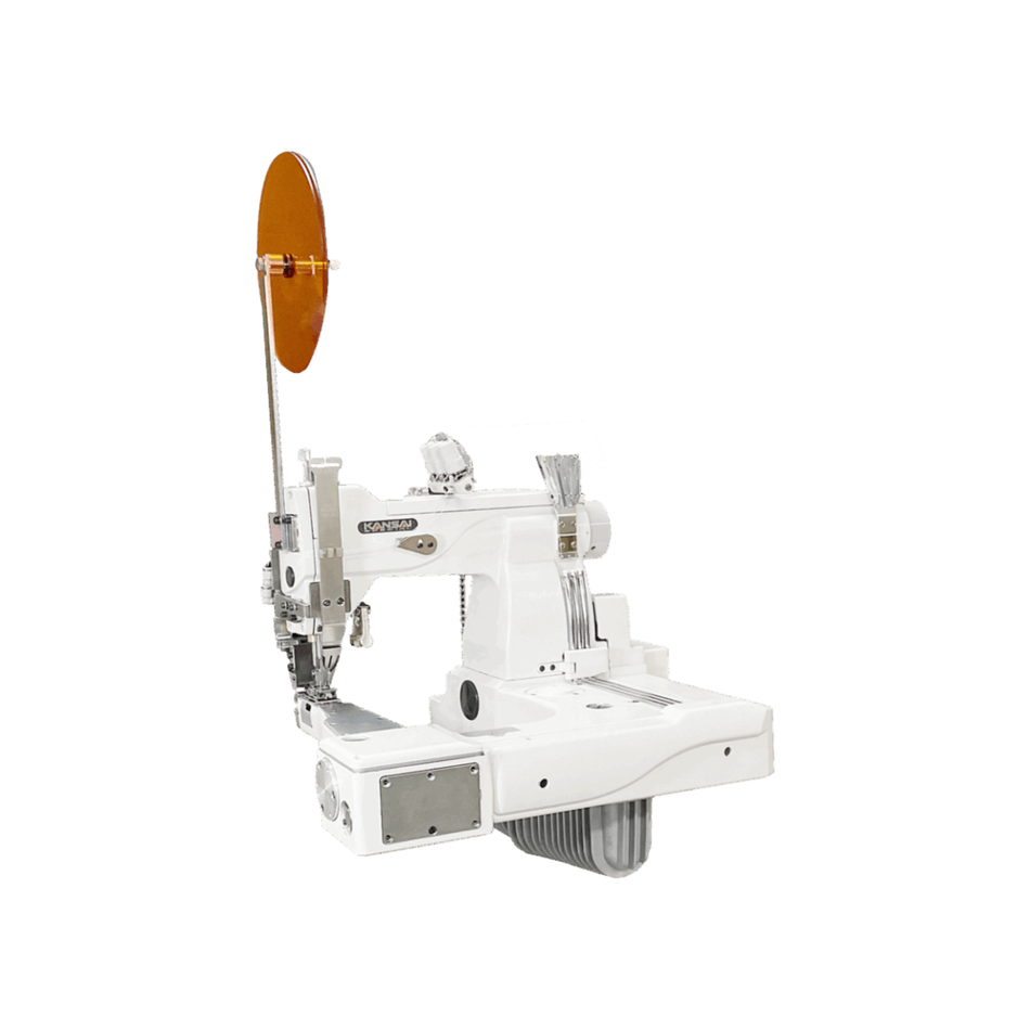 Kansai Special SQ・SX SERIES - 2 Needle, Feed-Off-The-Arm Square Type Double Chain Stitch Sewing Machine for Attaching Tape for Light To Medium Material, and Guillotine Cutter Included