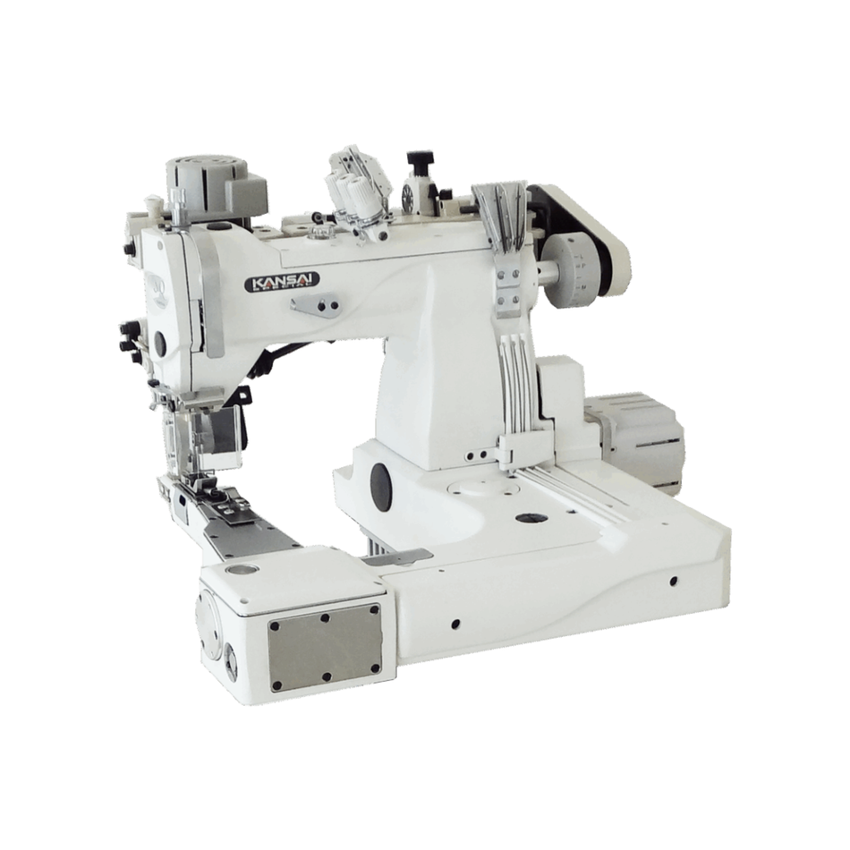 Kansai Special SQ・SX SERIES - 3 Needle, Feed-Off-The-Arm Square Type Double Chain Stitch Sewing Machine for Lap Seaming for Light To Medium Material.