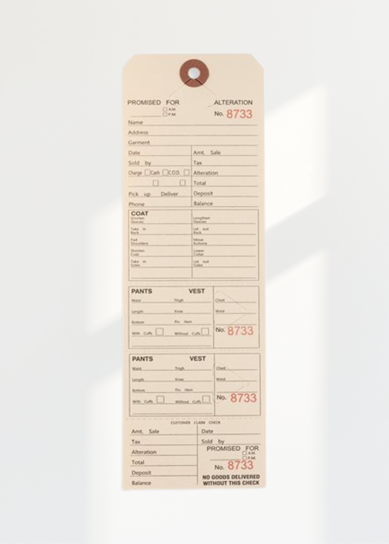 Suit Alteration Tags W/O String - 9 1/2" X 3 1/8" - 500/Box - Beige