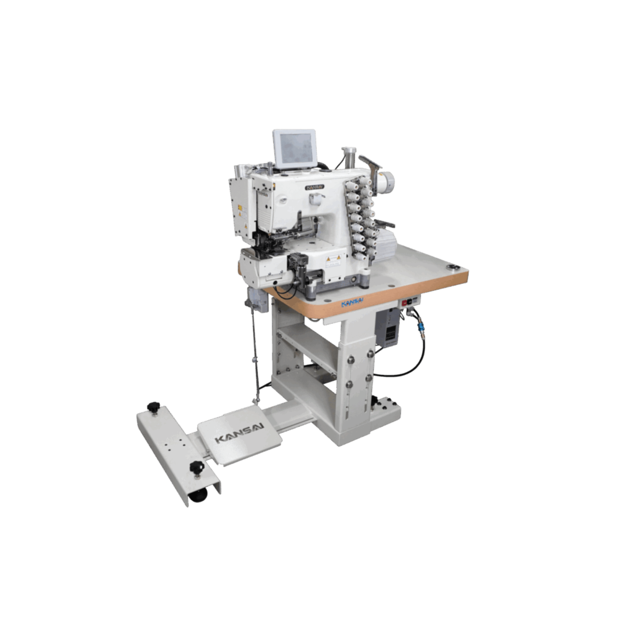 Kansai Special WFB SERIES - 4 Needle, Multi-Gauge, Cylinder Bed, with Needle Feed Mechanism for Attaching Waistbands. Double Puller, Both Side Skip Stitch Device and Automatic Fabric Cutting Device with Touch Panel.
