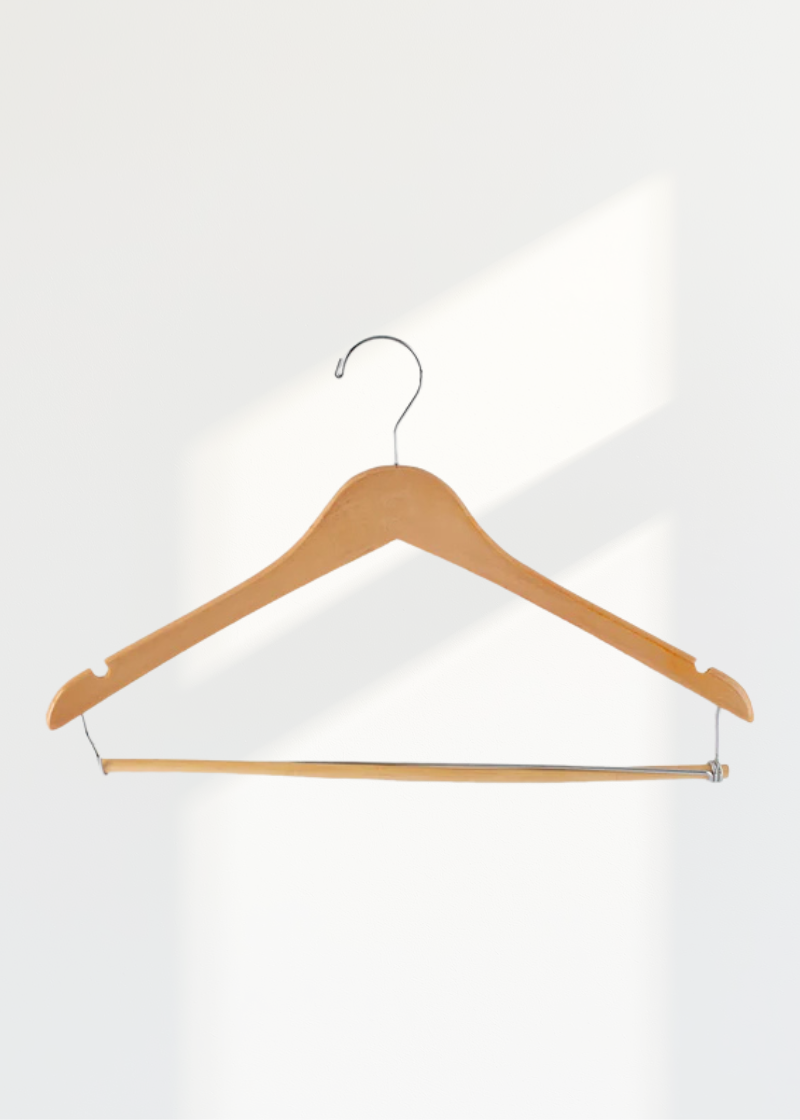 Wooden Hangers W/ Lock Down Bar - 17" Length/ 4 1/4" Neck - 100/Pack