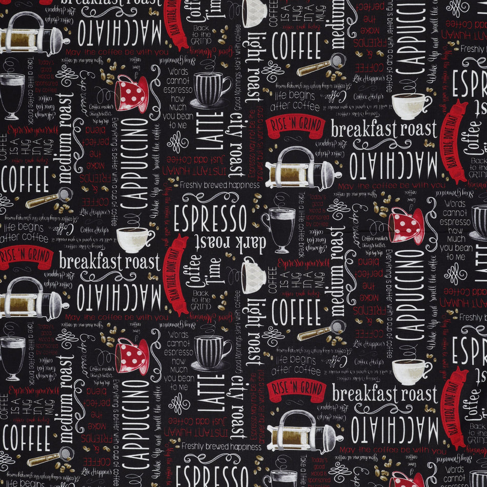 Perfect Brew Fabric Collection - Coffee Time Words Black