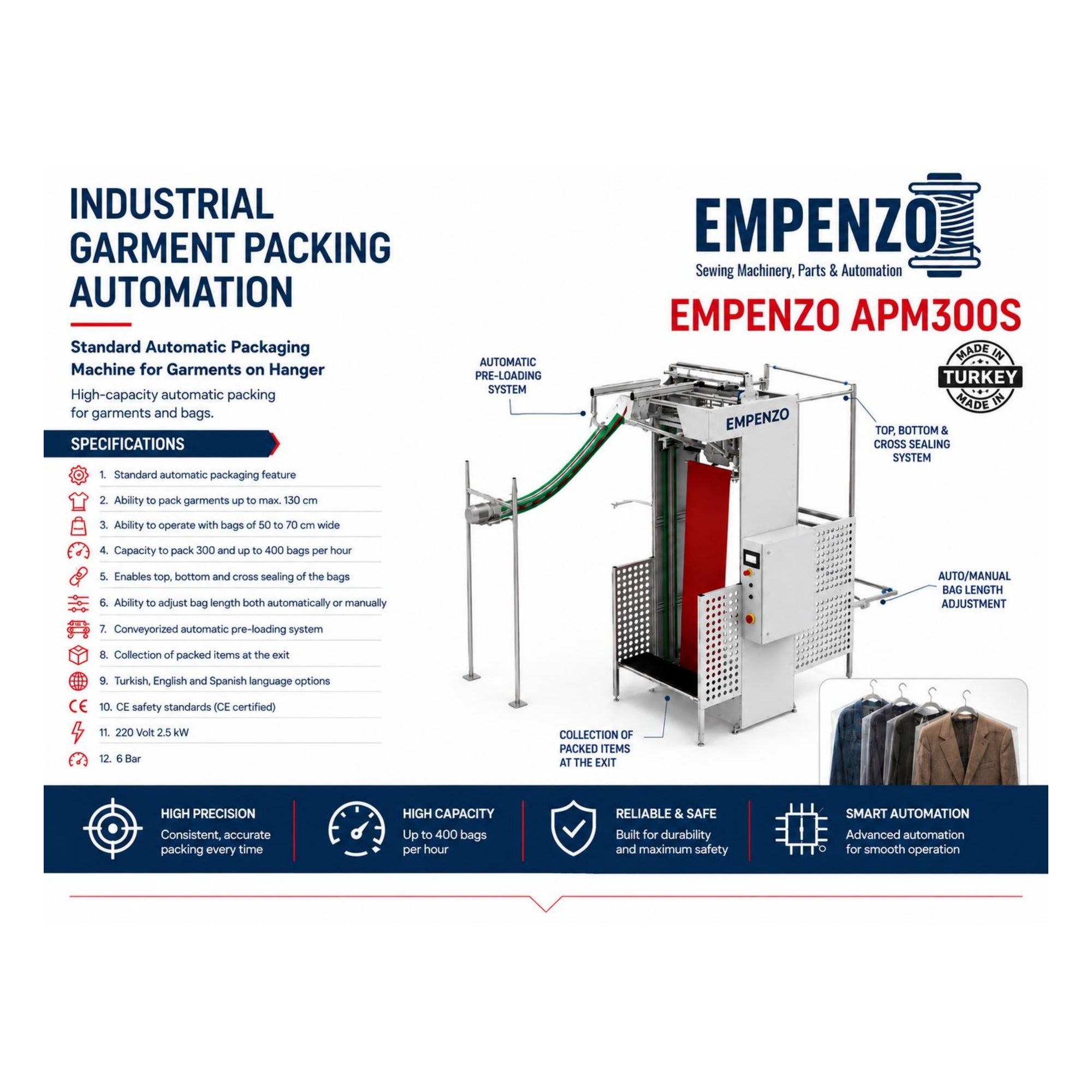 EMPENZO APM300S garment packing machine catalog specification page - 300-400 bags per hour, 130 cm garment length, made in Turkey