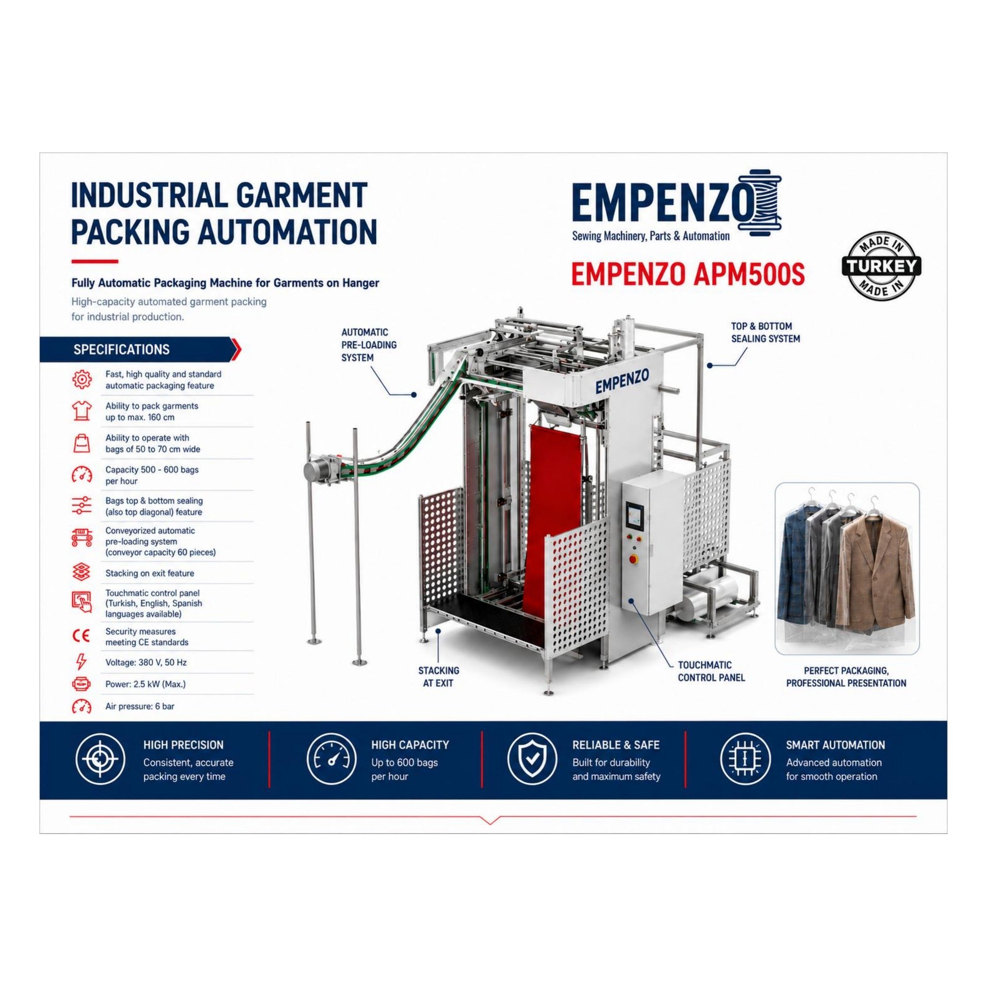EMPENZO APM500S garment packing machine catalog specification page - 500-600 bags per hour, 160 cm garment length, made in Turkey