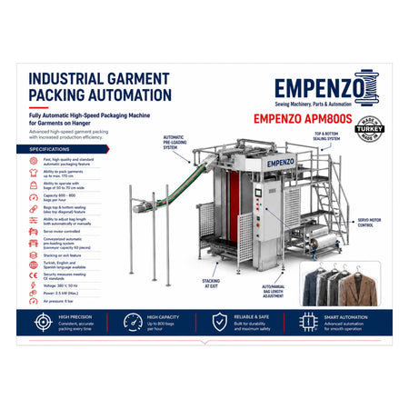 EMPENZO APM800S garment packing machine catalog specification page - 600-800 bags per hour, 170 cm garment length, servo controlled, made in Turkey
