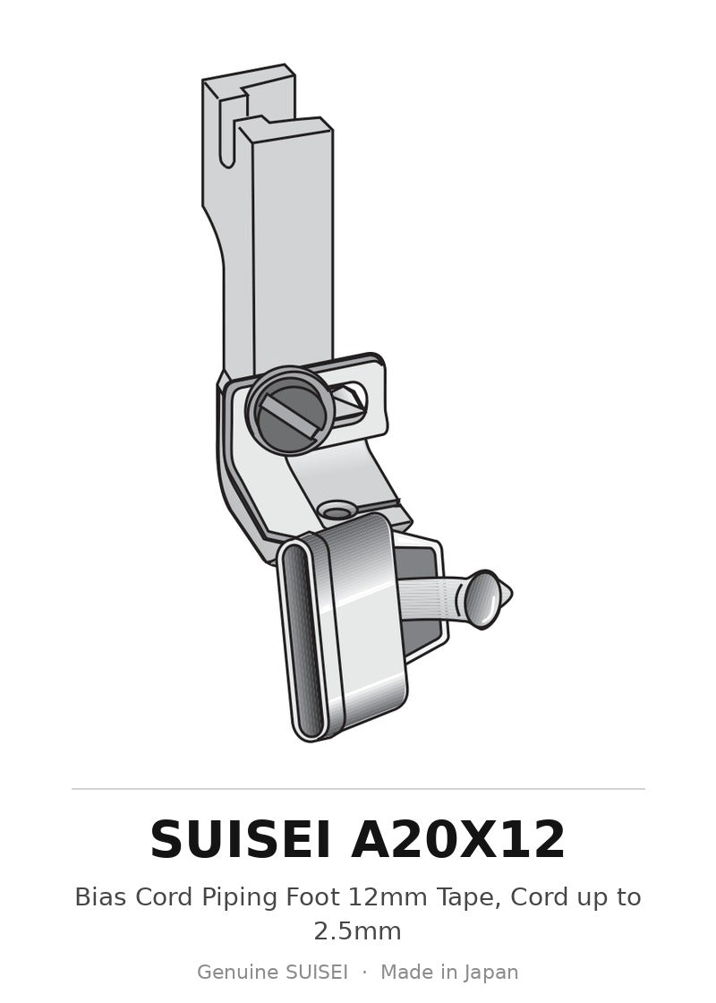 Bias Cord Piping Foot 12mm Tape, Cord up to 2.5mm - Suisei A20X12