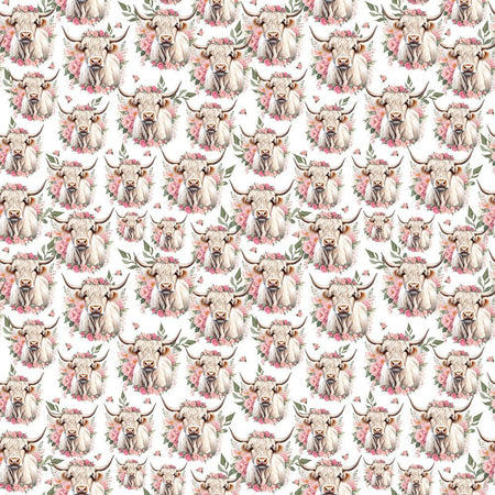 White Highland Cows & Pink Flowers Fabric - White